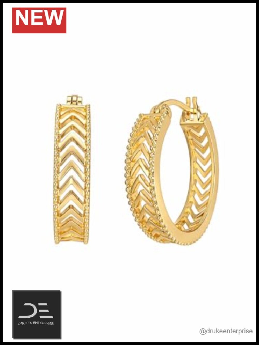 14K Gold Plated Huggie Hoop Earrings Chevon Geometric 20mm